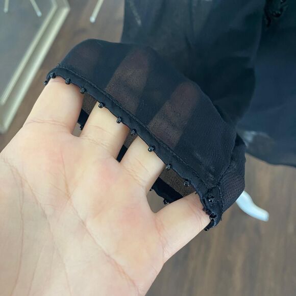 Petite Sophisticate Whimsygoth Black Mesh Velvet Floral Beaded Blouse Top L - Picture 4 of 8